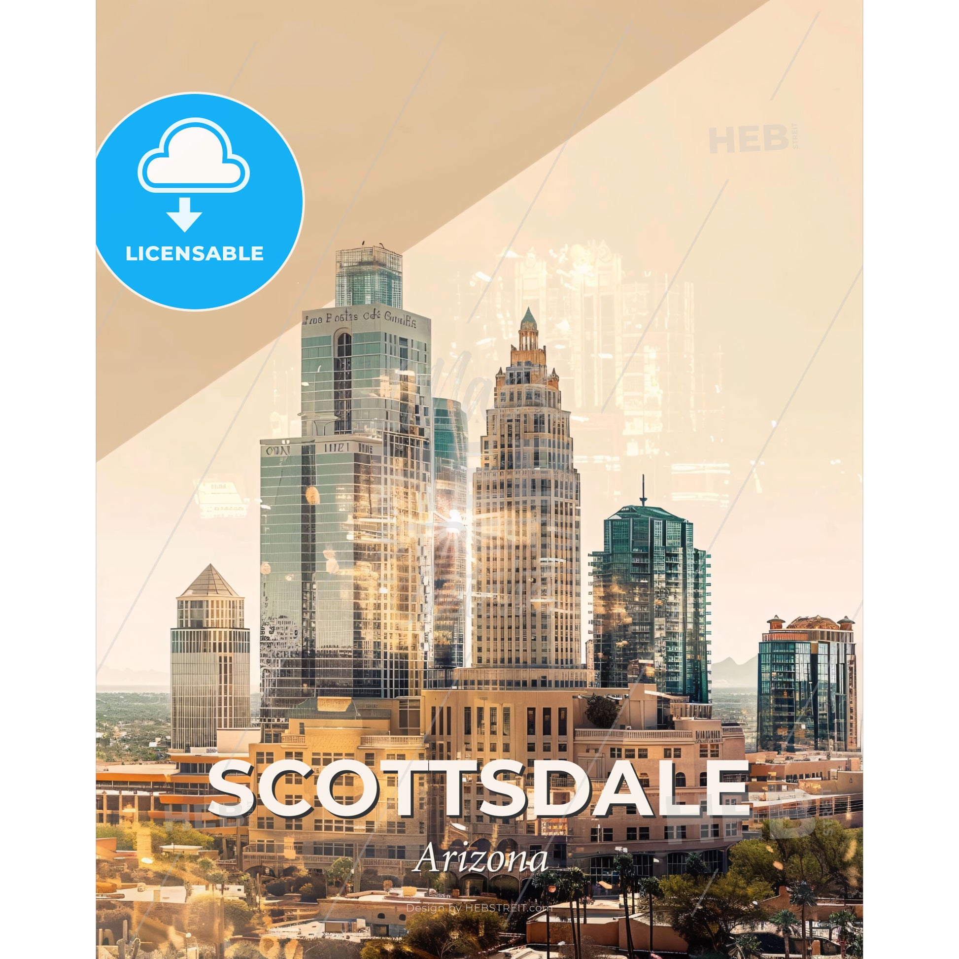 Scottsdale Skyline Double Exposure Composite Art - A city skyline with many tall buildings - Square format print template