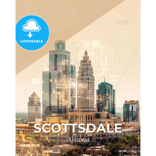 Scottsdale Skyline Double Exposure Composite Art - A city skyline with many tall buildings - Square format print template