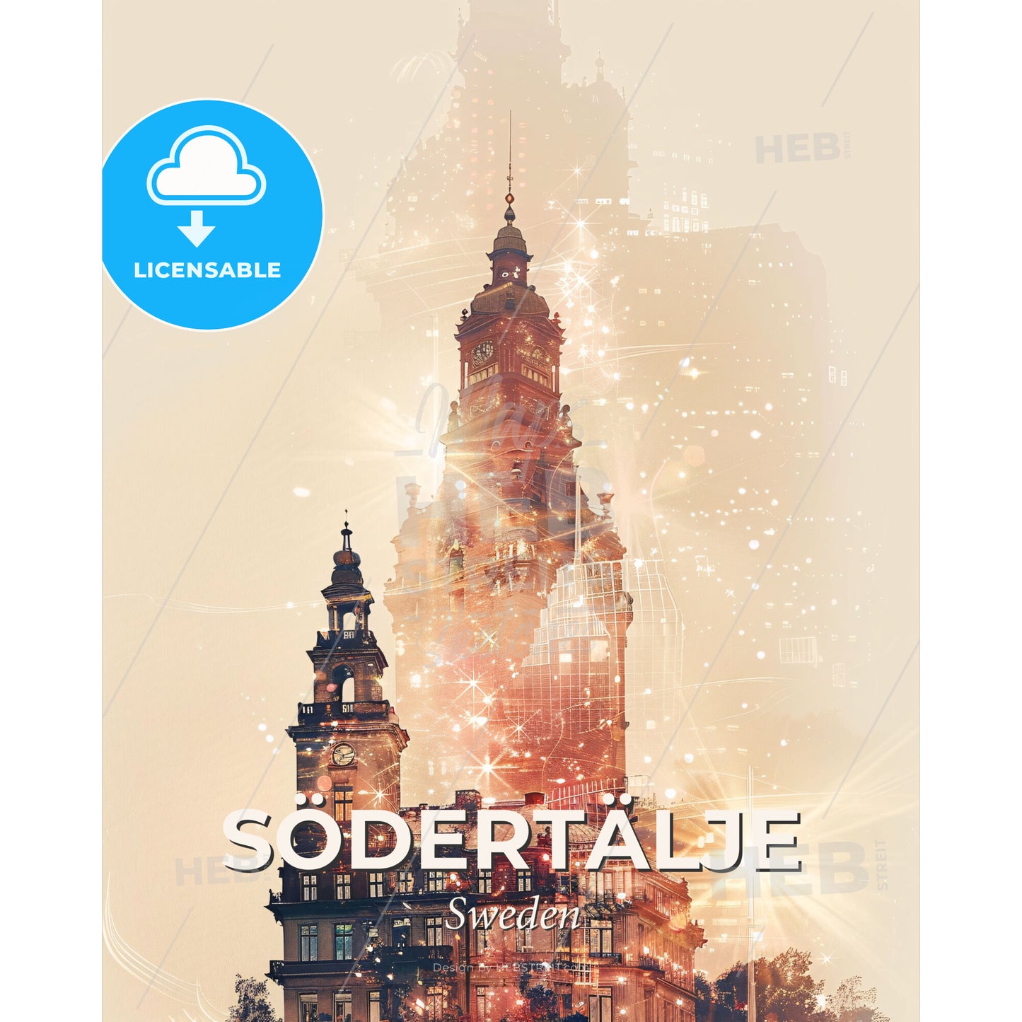 Sodertalje Sweden Skyline Art Poster - A large building with a tower and a building with a tower - Square format print template