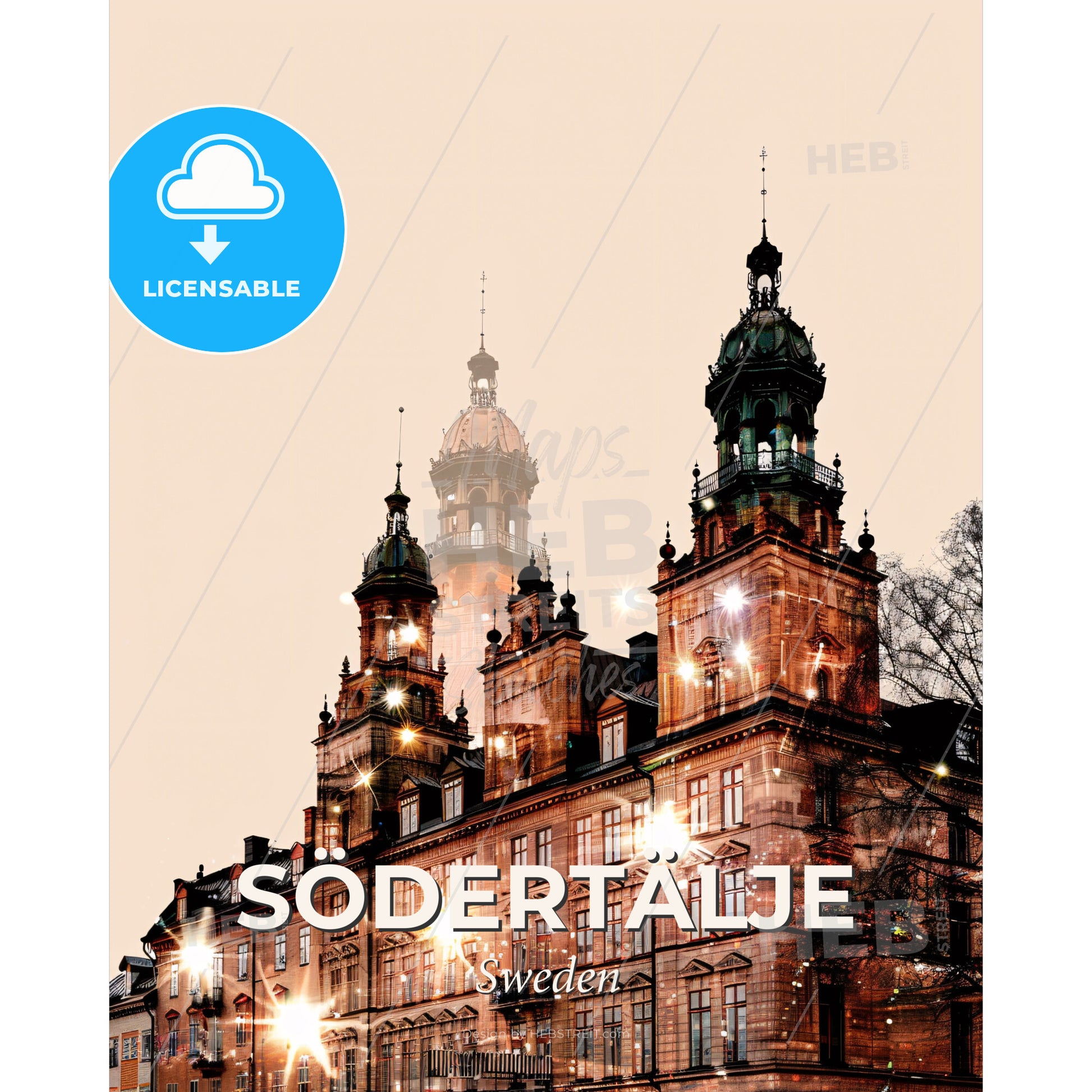 Södertälje Cityscape Composite Art Poster - A building with many lights on top - Square format print template