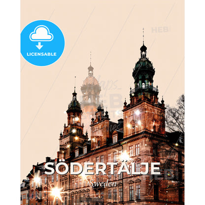 Södertälje Cityscape Composite Art Poster - A building with many lights on top - Square format print template