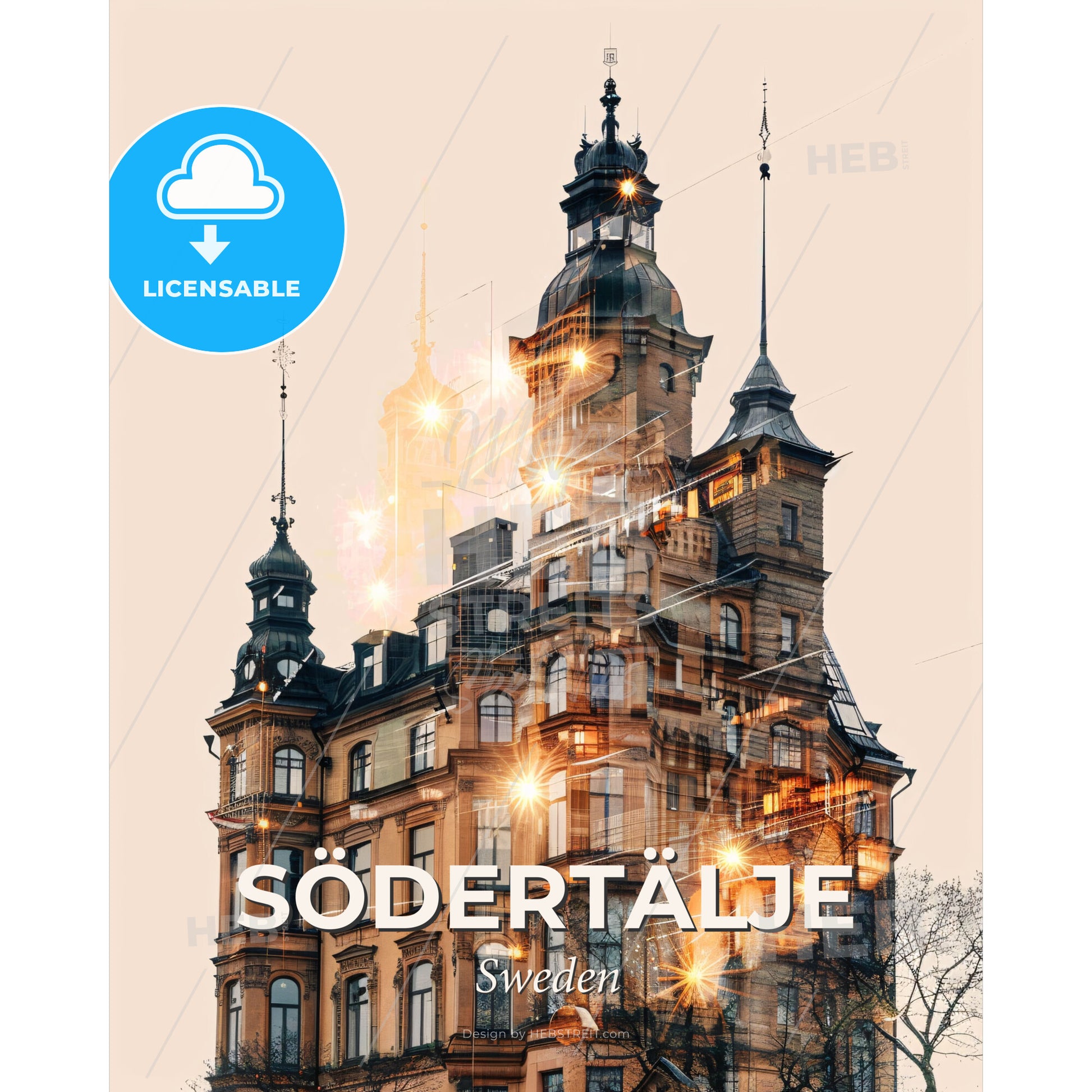 Södertälje Skyline Night Dreamy Poster Art - A building with many windows - Square format print template