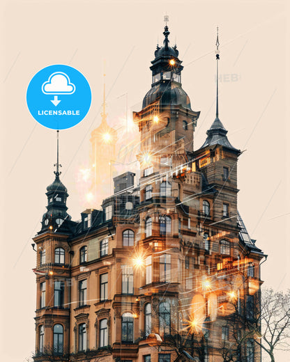 Södertälje Skyline Night Dreamy Poster Art - A building with many windows