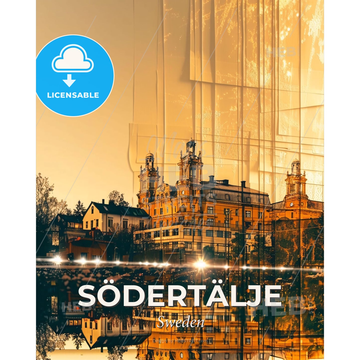 Södertälje City Skyline Poster Art with Sparkles - A building with towers and trees in front of it - Square format print template