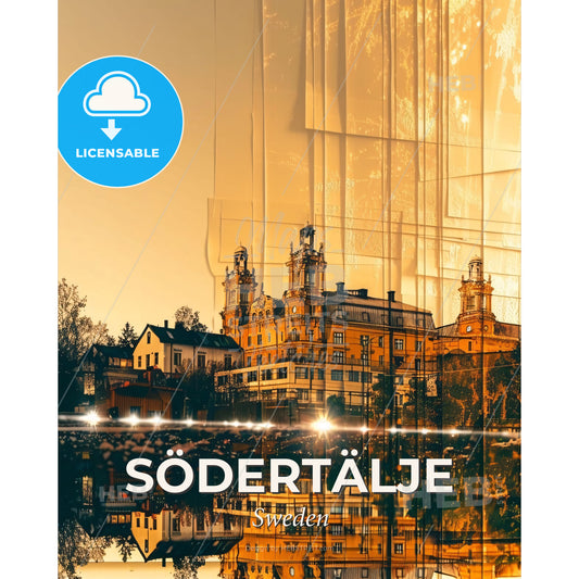 Södertälje City Skyline Poster Art with Sparkles - A building with towers and trees in front of it - Square format print template