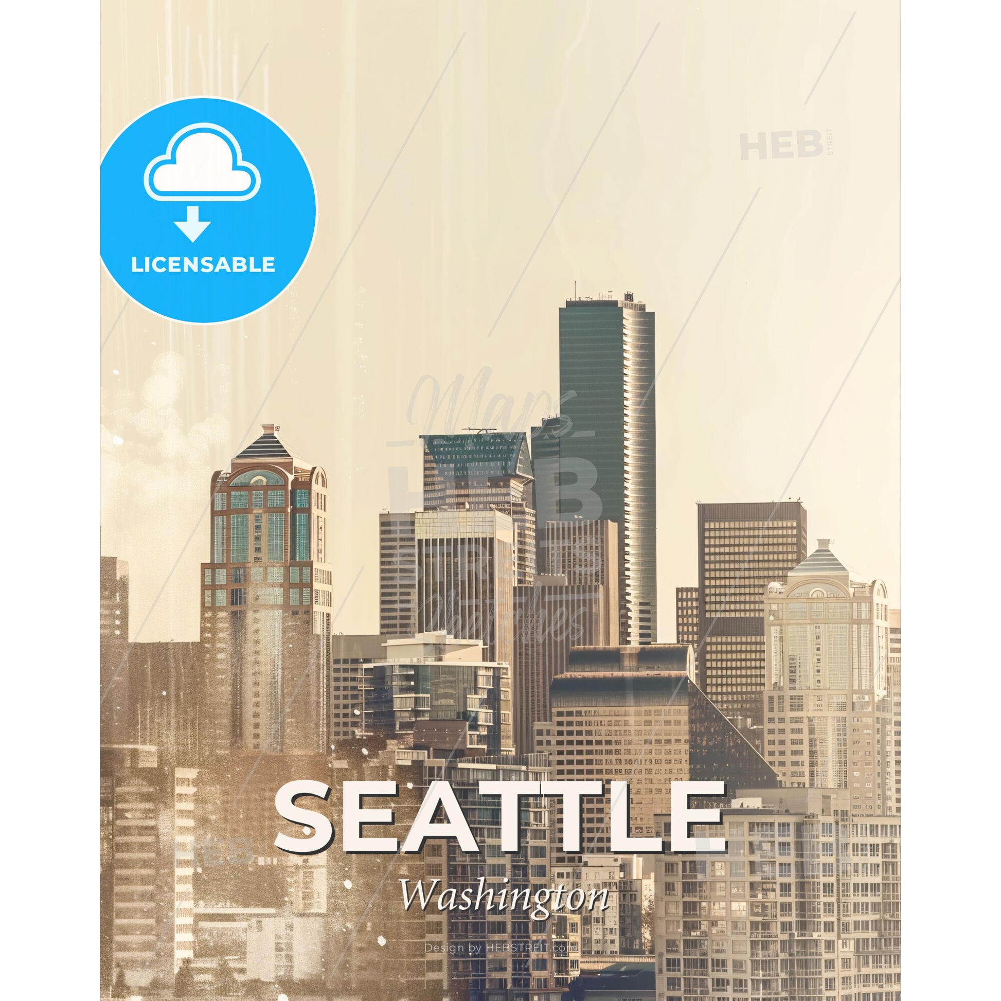 Seattle Skyline Double Exposure Composite Art Cityscape - A city skyline with tall buildings - Square format print template