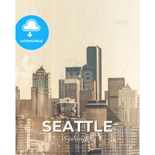 Seattle Skyline Double Exposure Composite Art Cityscape - A city skyline with tall buildings - Square format print template