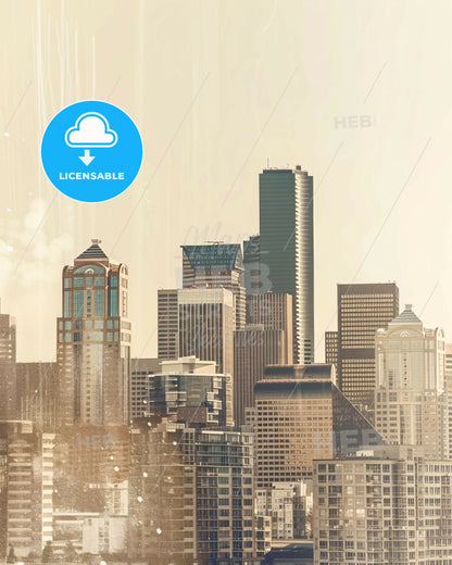 Seattle Skyline Double Exposure Composite Art Cityscape - A city skyline with tall buildings