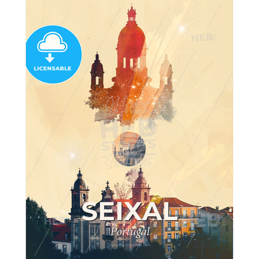 Seixal, Portugal Cityscape Artwork - A building with a dome and a dome - Square format print template