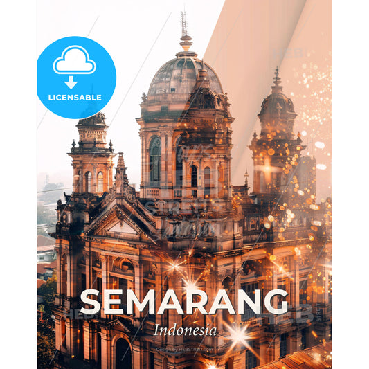 Semarang Skyline Double Exposure Cityscape Poster Art - A large building with a dome and towers - Square format print template