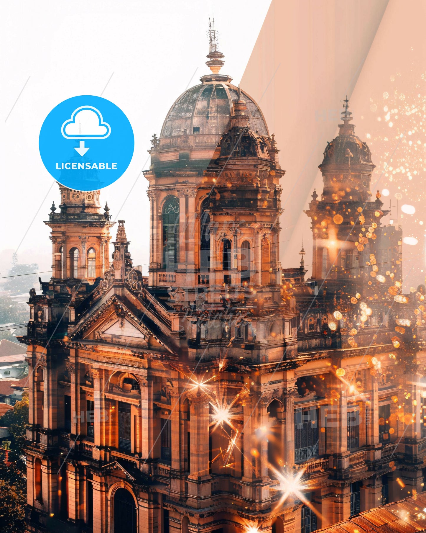 Semarang Skyline Double Exposure Cityscape Poster Art - A large building with a dome and towers