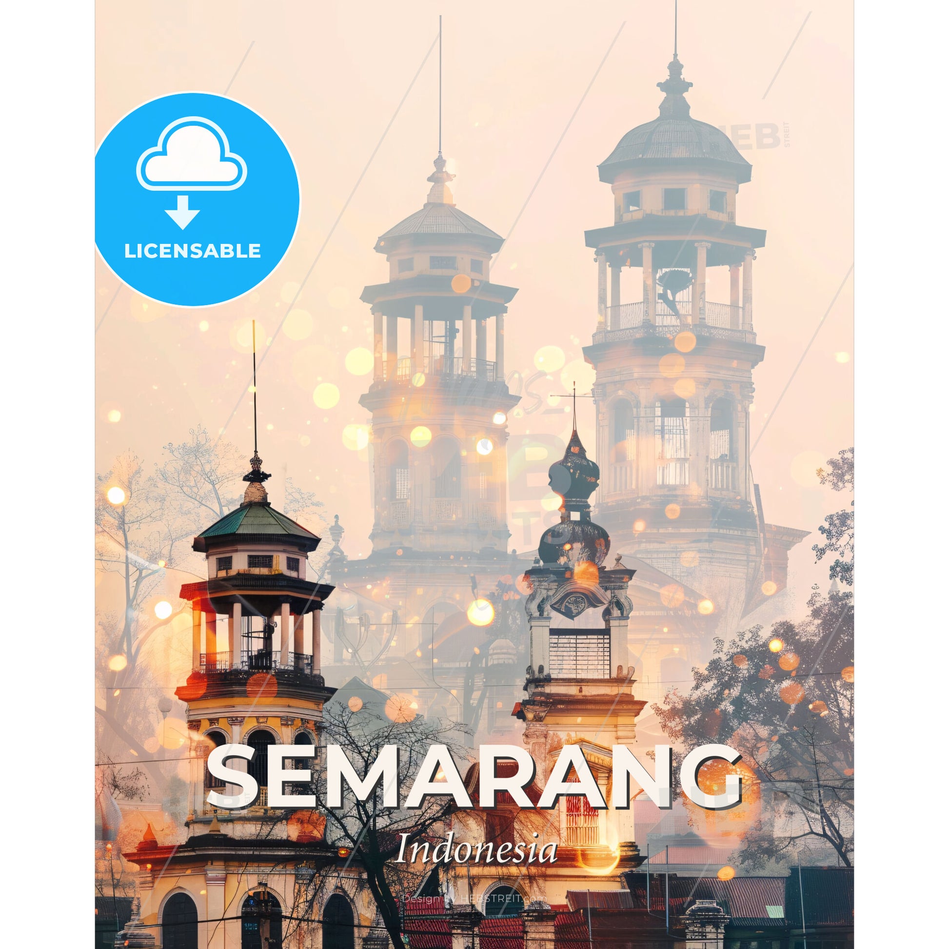 Semarang Skyline Art: Iconic Architecture on Beige - A group of buildings with towers and trees - Square format print template