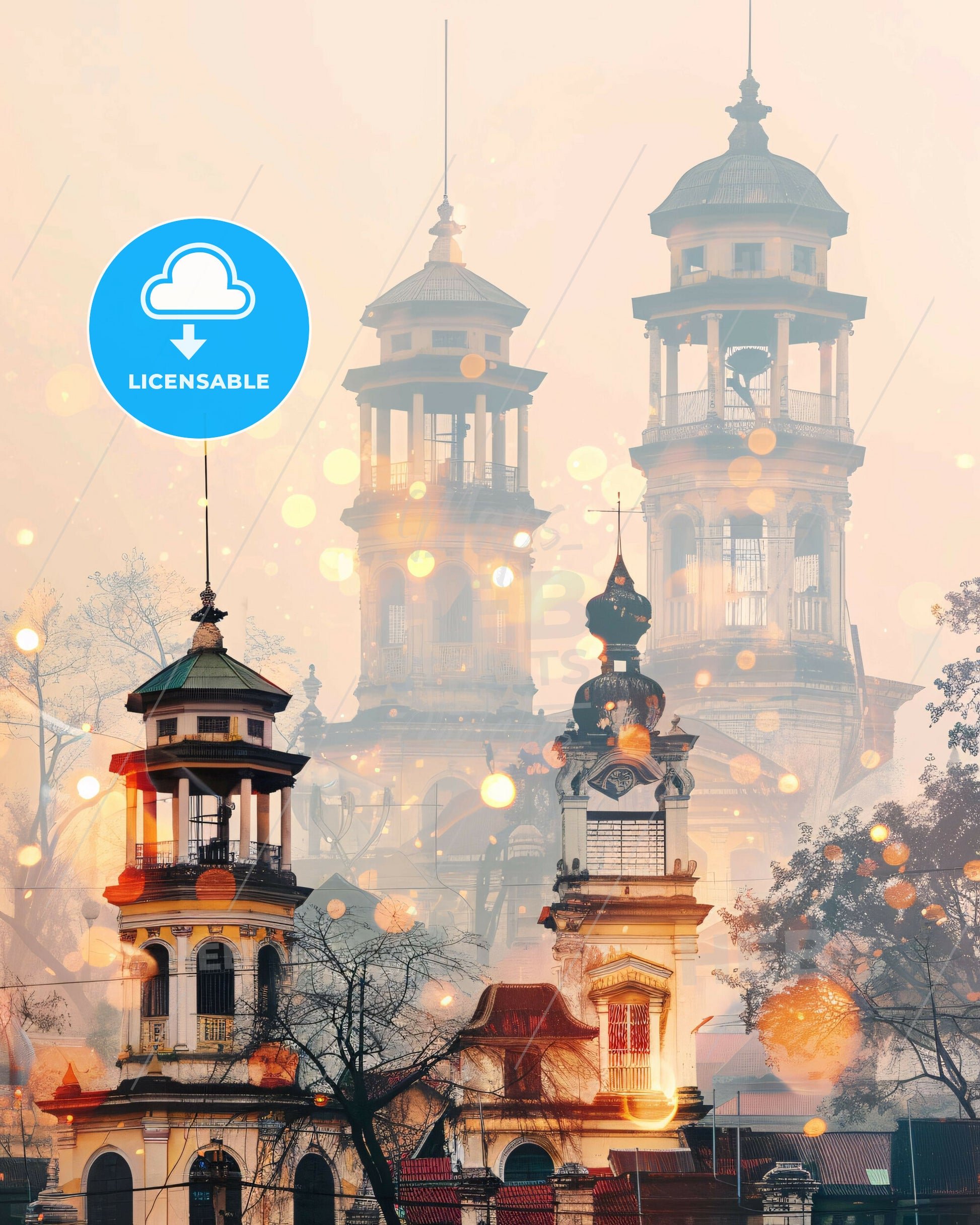 Semarang Skyline Art: Iconic Architecture on Beige - A group of buildings with towers and trees