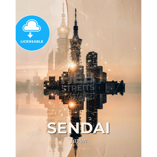Sendai Skyline Double Exposure Art Poster - A reflection of a city in a body of water - Square format print template