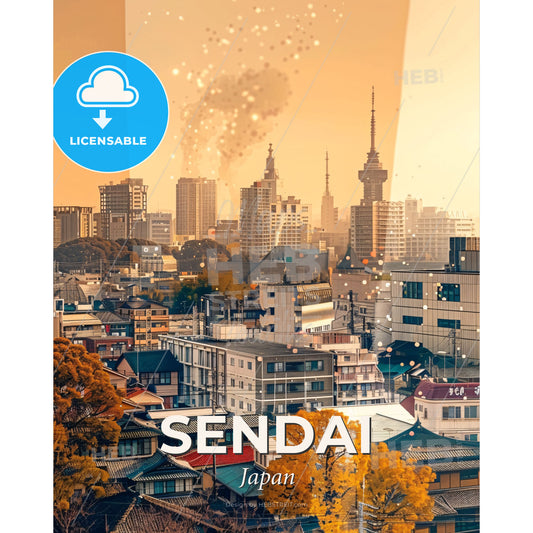Sendai Skyline Composite Art Bright Beige Paper - A city with many buildings and trees - Square format print template