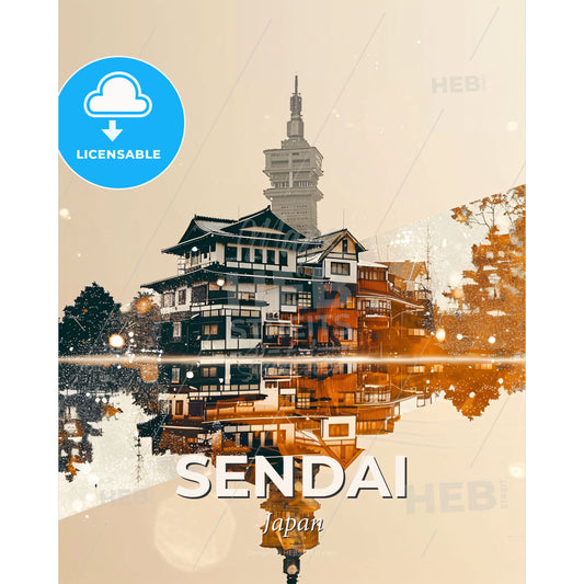 Sendai Skyline Double Exposure Composite Art - A building reflected in water - Square format print template