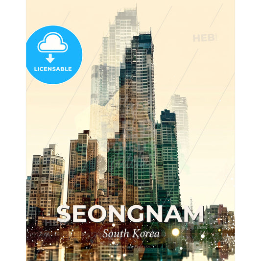 Seongnam Skyline with Local Icons and Subtle Sparkle - A city skyline with many tall buildings - Square format print template
