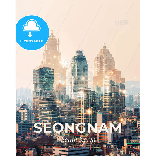 Seongnam Skyline Cityscape Sparkles Beige - A city skyline with many tall buildings - Square format print template