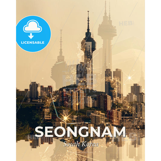 Seongnam Skyline Composite Artwork Modern Poster - A city skyline with a reflection of a city - Square format print template
