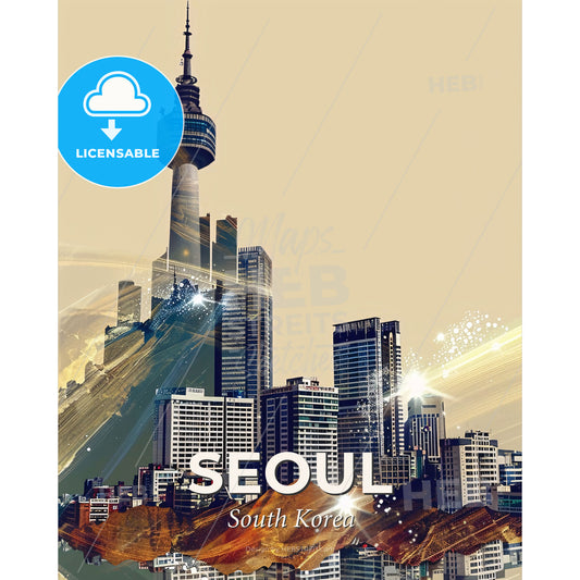 Seoul Skyline Double Exposure Beige Poster Art - A city skyline with a tall tower - Square format print template