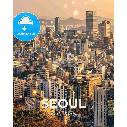 Seoul Double Exposure Skyline Art Print - A city with many tall buildings - Square format print template