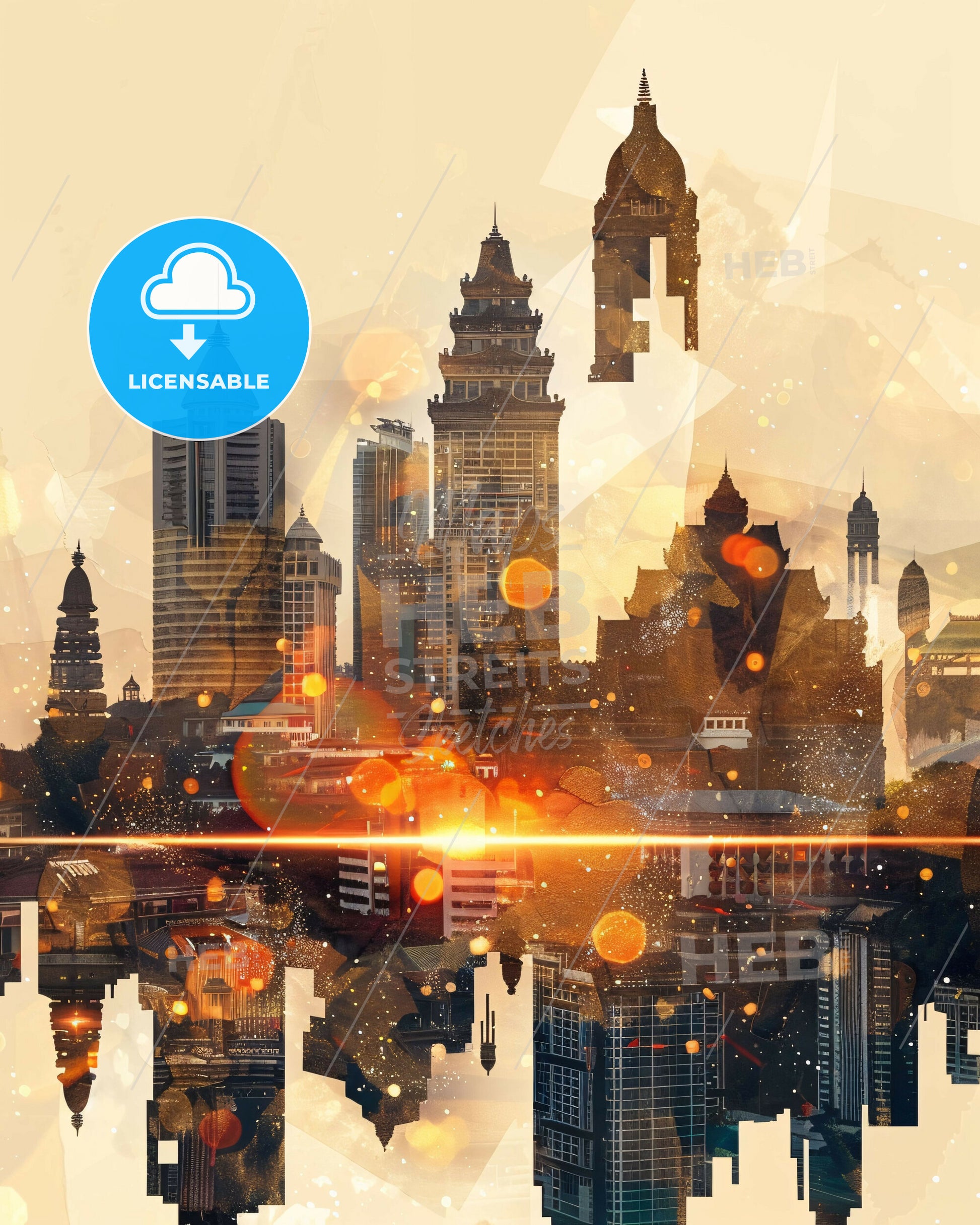 Serang Skyline Art: Local Icons in Vivid Hues - A city skyline with many tall buildings