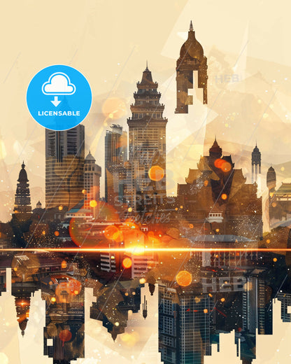 Serang Skyline Art: Local Icons in Vivid Hues - A city skyline with many tall buildings