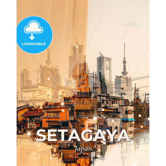 Setagaya Skyline Double Exposure Cityscape Art - A cityscape with buildings and power lines - Square format print template