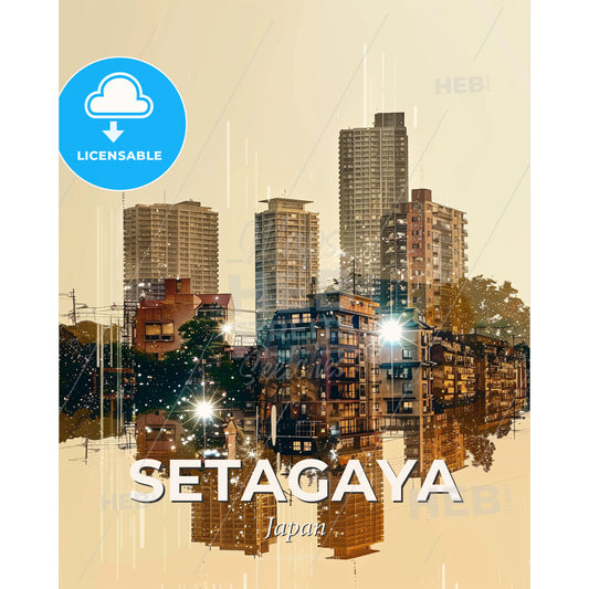 Setagaya Skyline Double Exposure Brilliance - A city skyline with buildings and trees - Square format print template