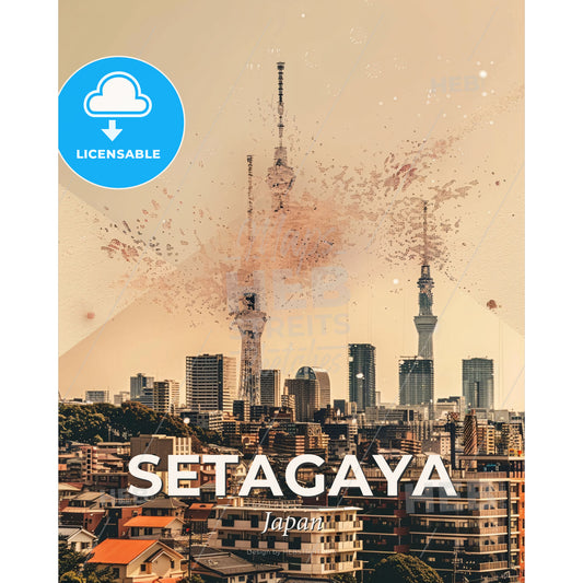 Setagaya Art Skyline Canvas Wall Art - A city with a tower exploding - Square format print template