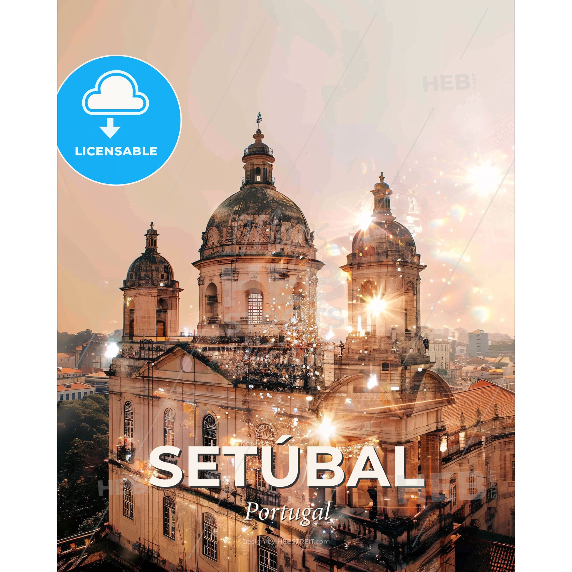 Setúbal Skyline Composite Art Bright Tapestry - A large building with a dome and a city in the background - Square format print template