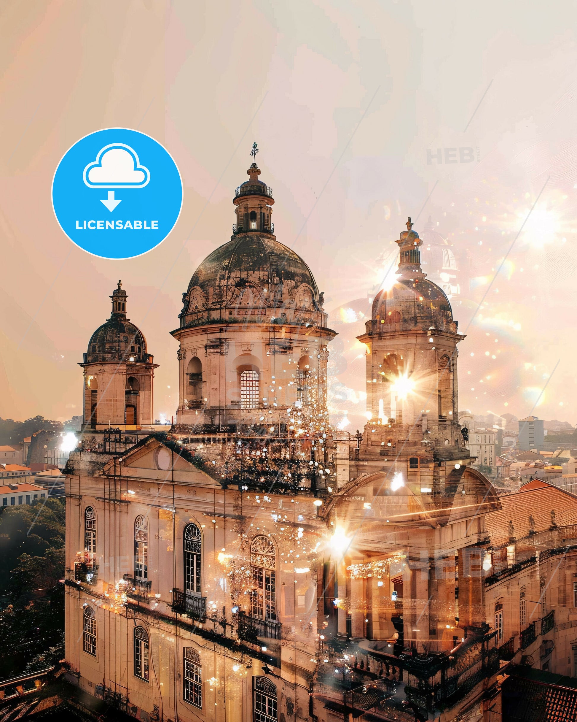 Setúbal Skyline Composite Art Bright Tapestry - A large building with a dome and a city in the background