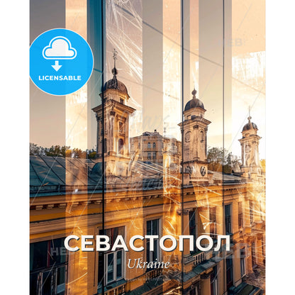 Sevastopol: City Icons in a Double Exposure - A building with towers and a window - Square format print template