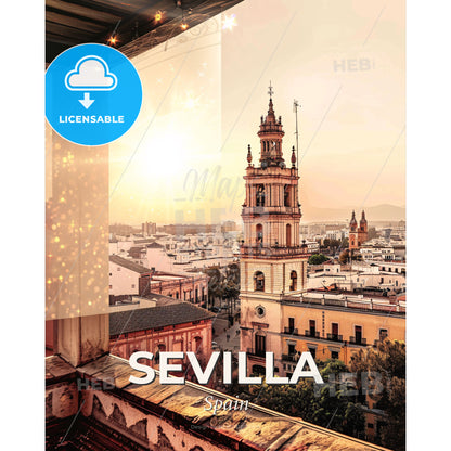 Sevilla City Skyline Art Poster Composite - A view of a city from a window - Square format print template