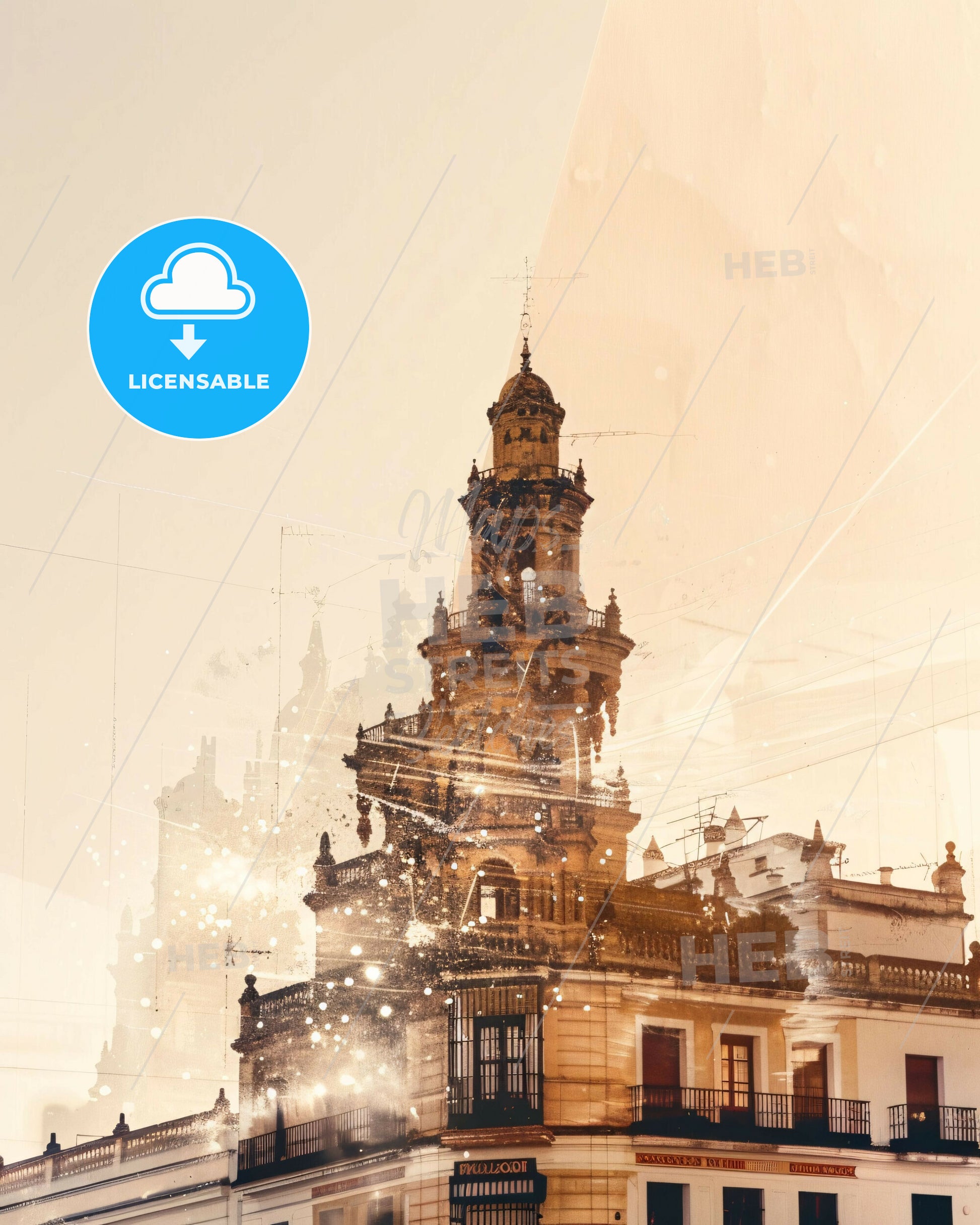 Sevilla Skyline Double Exposure Architectural Art - A building with a tower