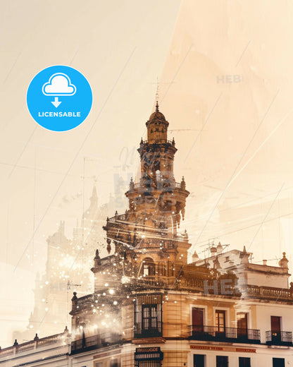 Sevilla Skyline Double Exposure Architectural Art - A building with a tower
