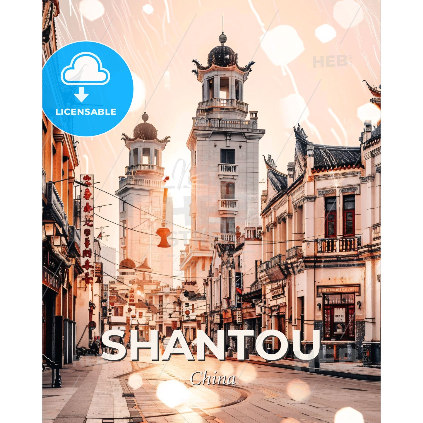 Shantou City Lightscape Double Exposure Poster - A street with buildings and cars - Square format print template