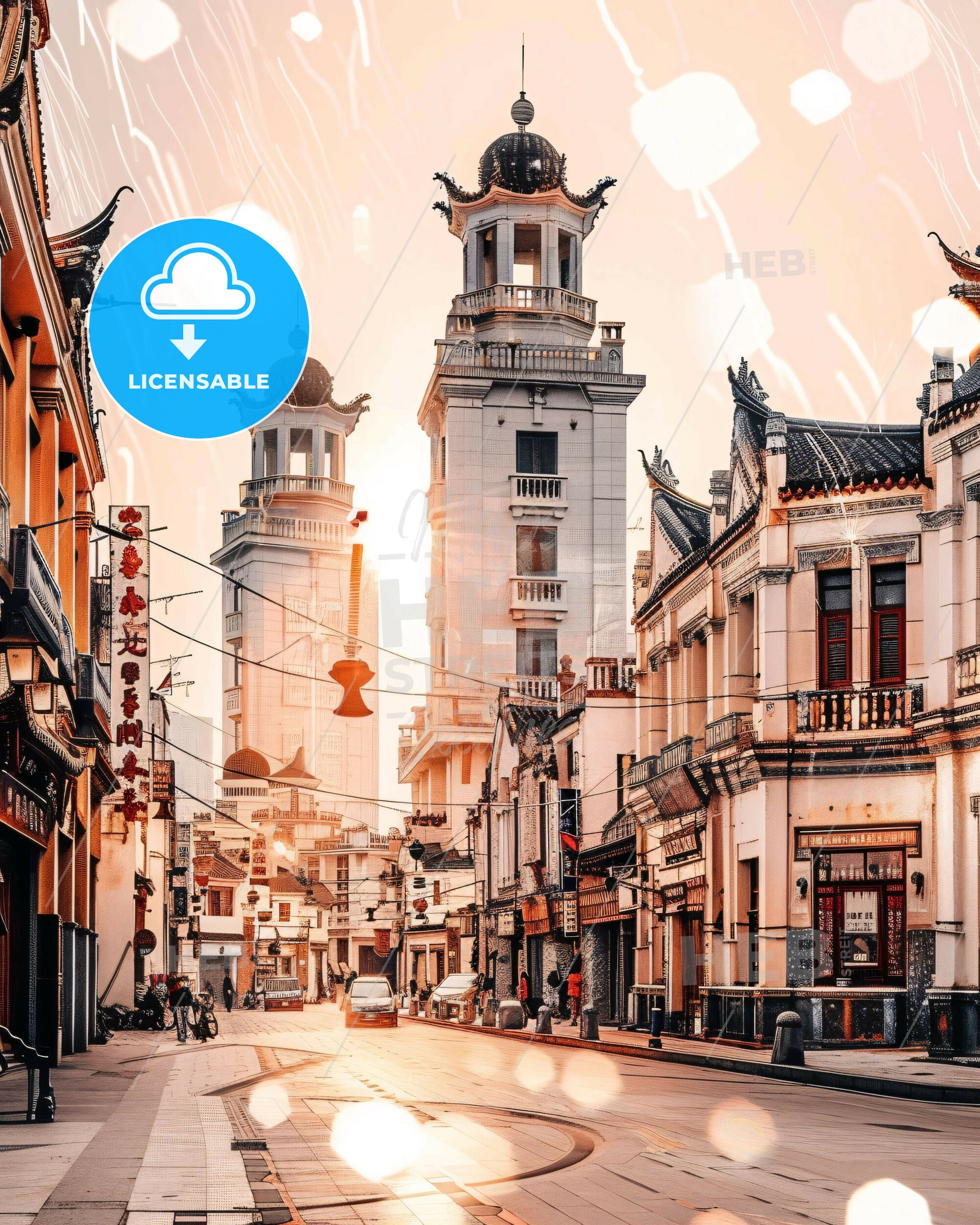 Shantou City Lightscape Double Exposure Poster - A street with buildings and cars