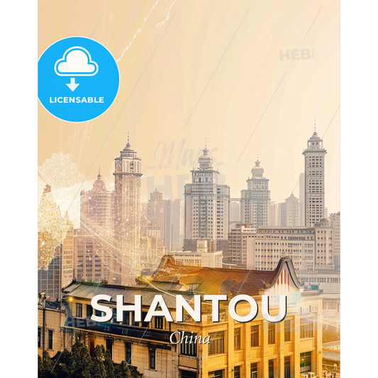 China Shantou City Skyline Double Exposure - A city skyline with a map - Square format print template