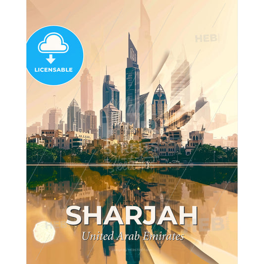 Sharjah Skyline Architecture Double Exposure Poster Design - A city skyline with trees and water - Square format print template
