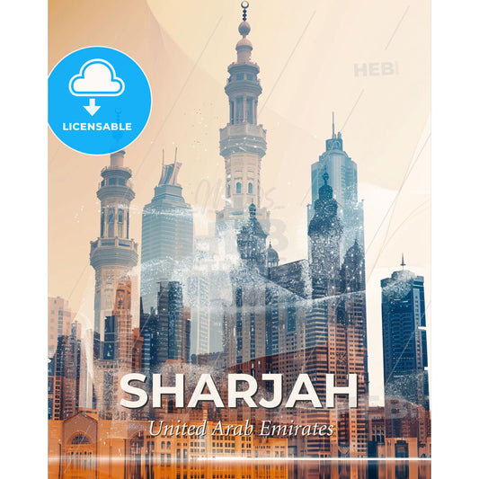Sharjah Skyline Double Exposure Art At Night - A city skyline with tall towers - Square format print template