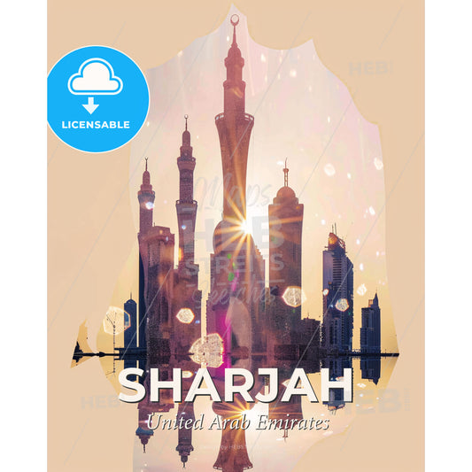 Sharjah Skyline Architecture Composite Art Poster - A reflection of a city with a sunset behind it - Square format print template