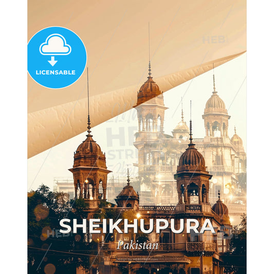 Sheikhupura: City Skyline Double Exposure Art Poster - A building with towers and trees - Square format print template