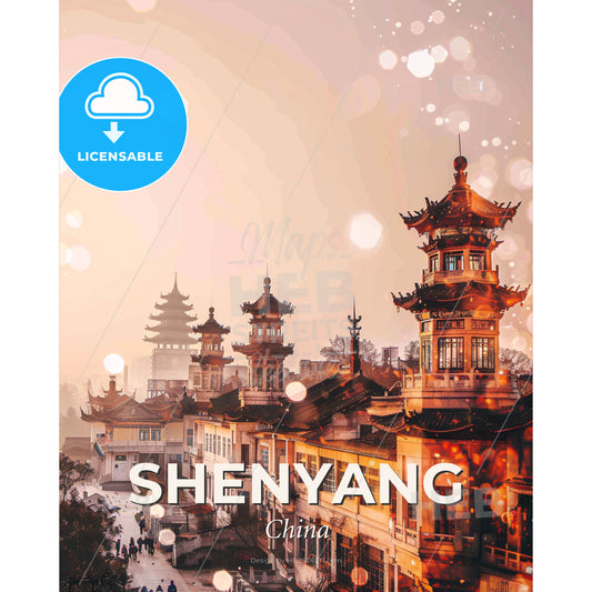 Shenyang Skyline Composite Art with Local Icons - A group of buildings with pagodas - Square format print template