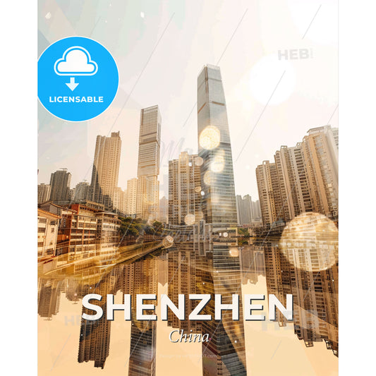 Shenzhen Skyline Double Exposure Art Poster - A city with many tall buildings - Square format print template