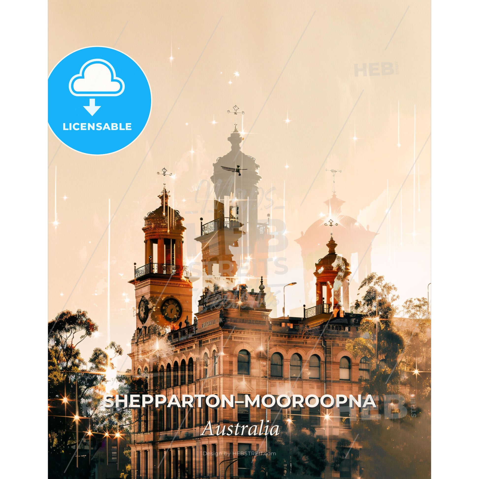 SheppartonMooroopna Skyline Double Exposure Composite Art - A building with a clock tower and trees - Square format print template