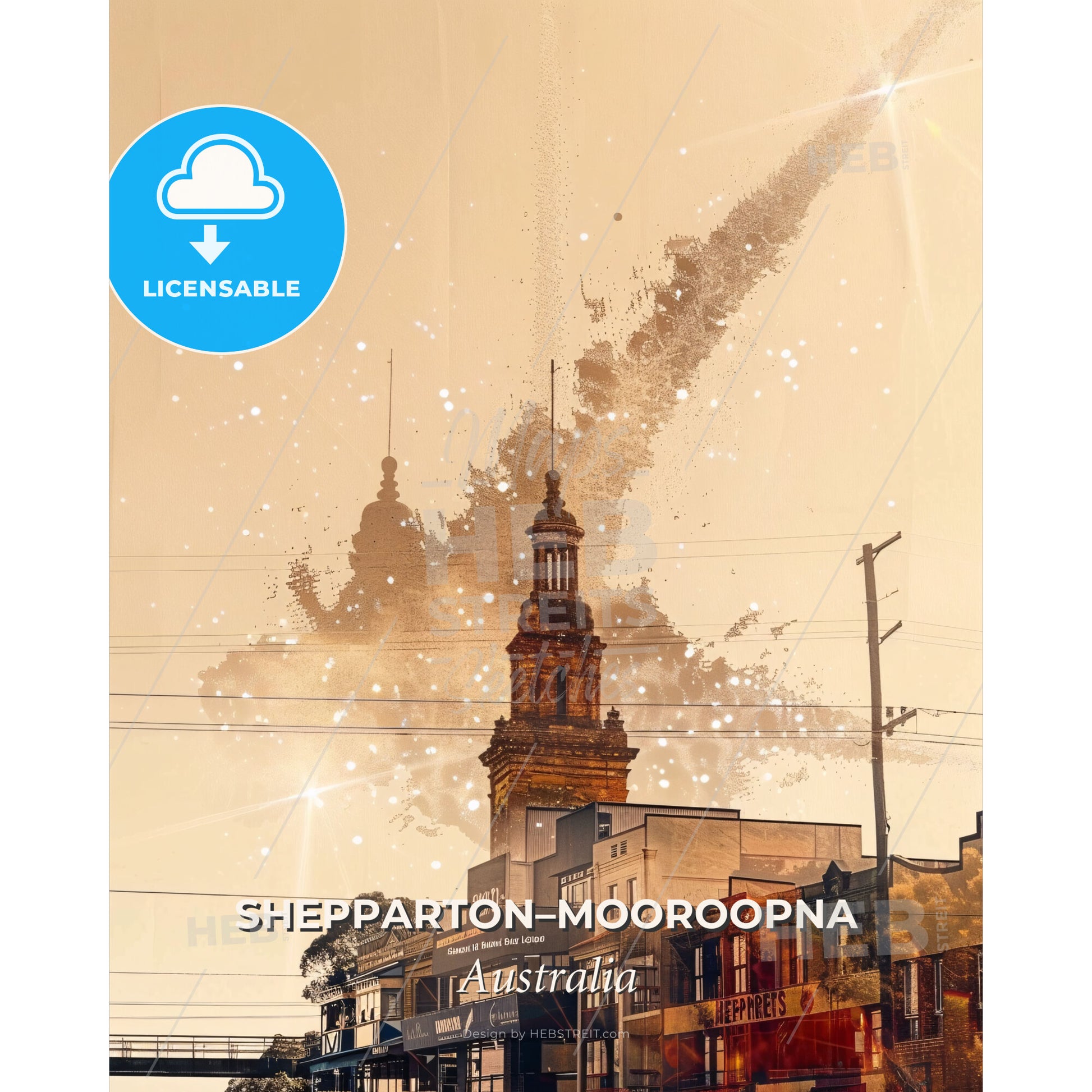 Shepparton-Mooroopna Cityscape Poster Art - A building with a tower and a falling star - Square format print template