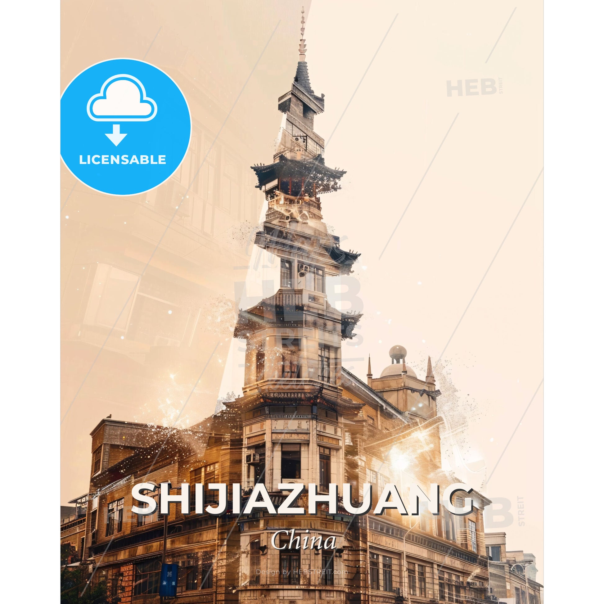 Shijiazhuang City Icon Sparkle Poster - A building with a tower - Square format print template