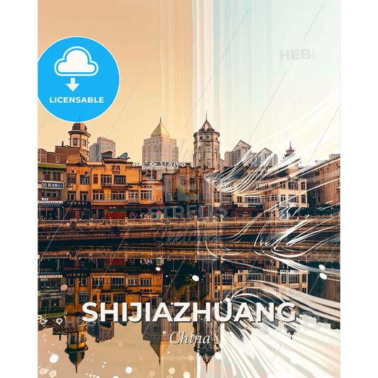 Shijiazhuang: Skyline Poster Art Sparkles - A city with buildings and a body of water - Square format print template