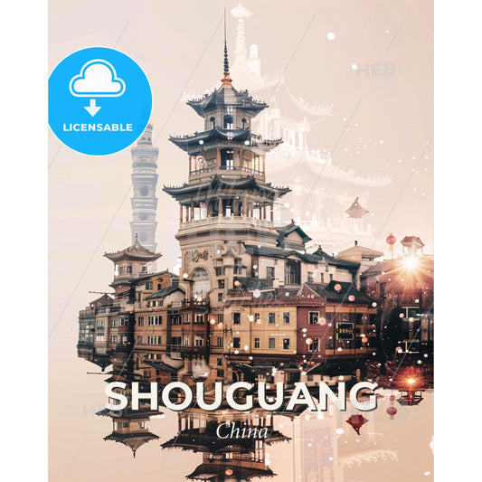 Shouguang City Lights Silhouettes Sparkle Poster - A building with a tower in the middle of water - Square format print template